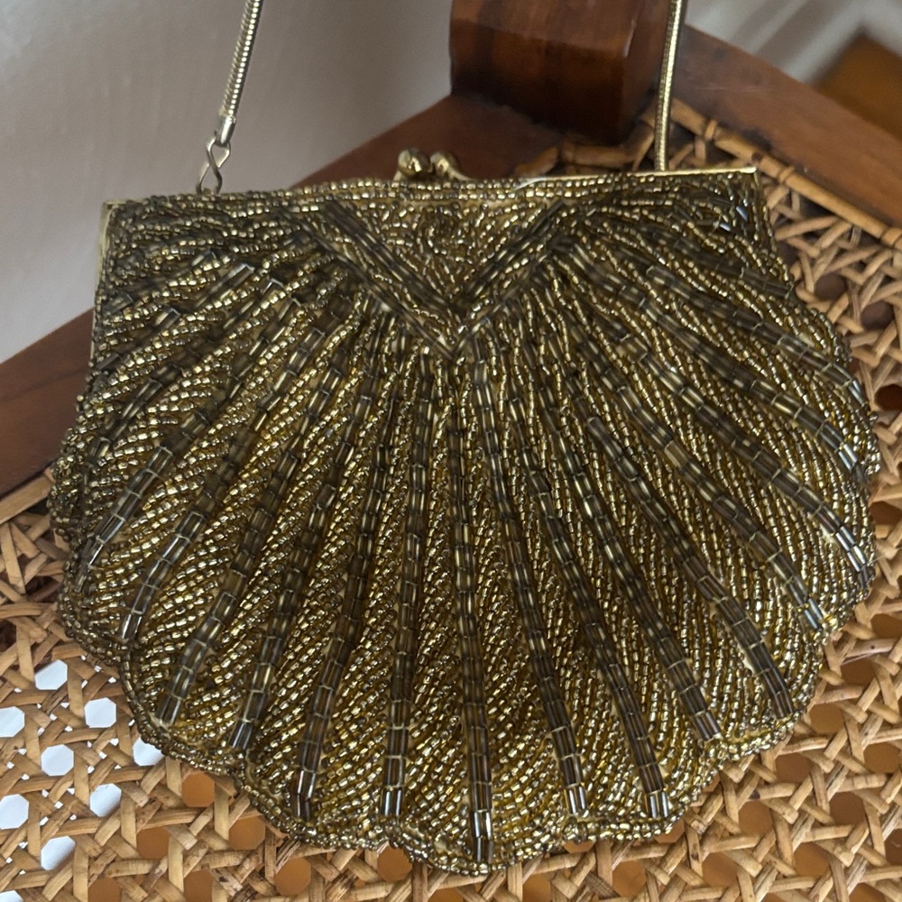 Vintage Gold Beaded Shell Clutch